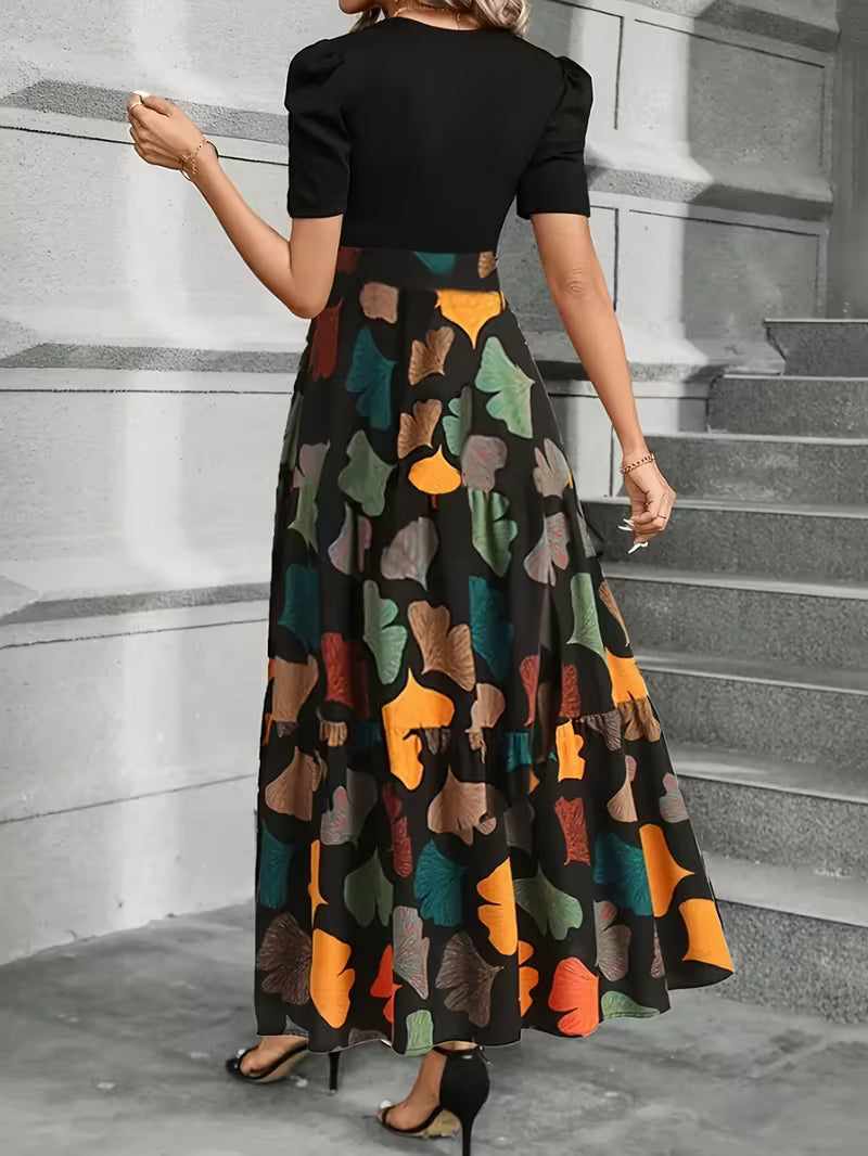 [Elegant Midi Dress] Elegant Women's Midi Dress with Geometric Print, Puff Sleeves, and Bow Detail - Suitable for Spring and Summer