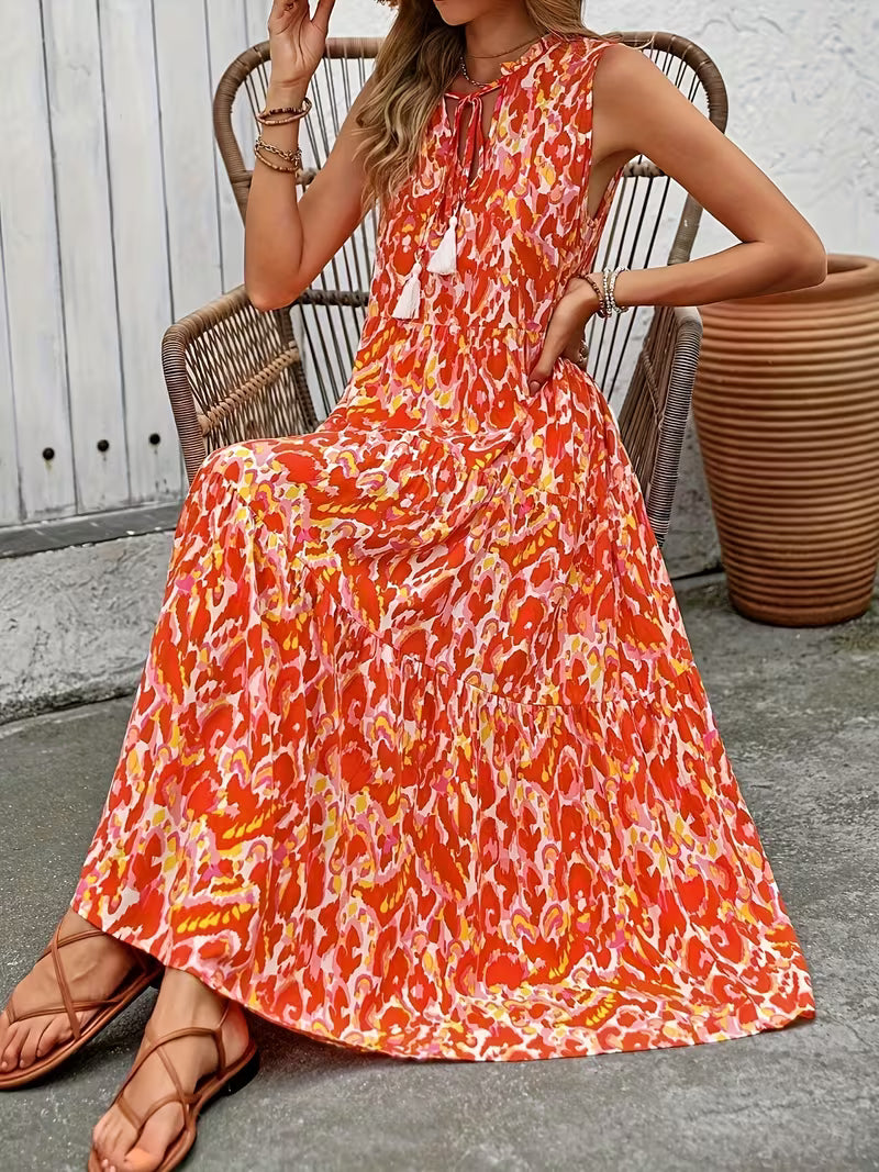 Spring/Summer Vacation Women's Sleeveless Bohemian Style Fringed Tie-Up Printed Dress