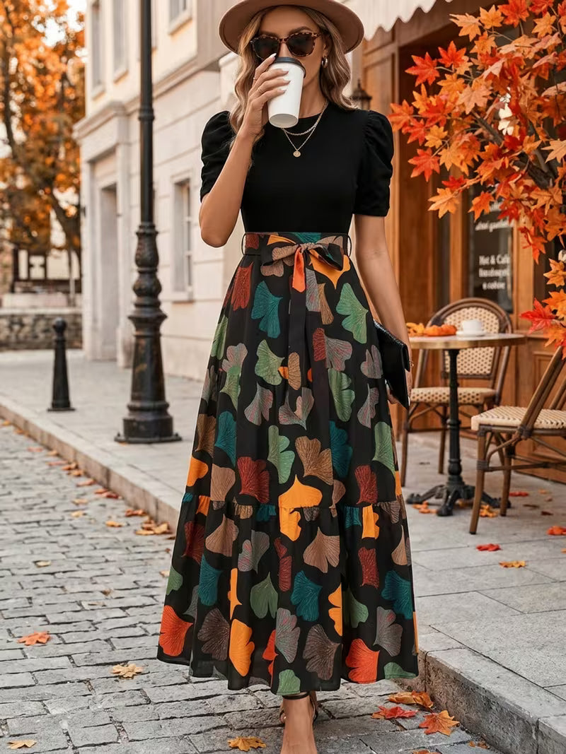 [Elegant Midi Dress] Elegant Women's Midi Dress with Geometric Print, Puff Sleeves, and Bow Detail - Suitable for Spring and Summer