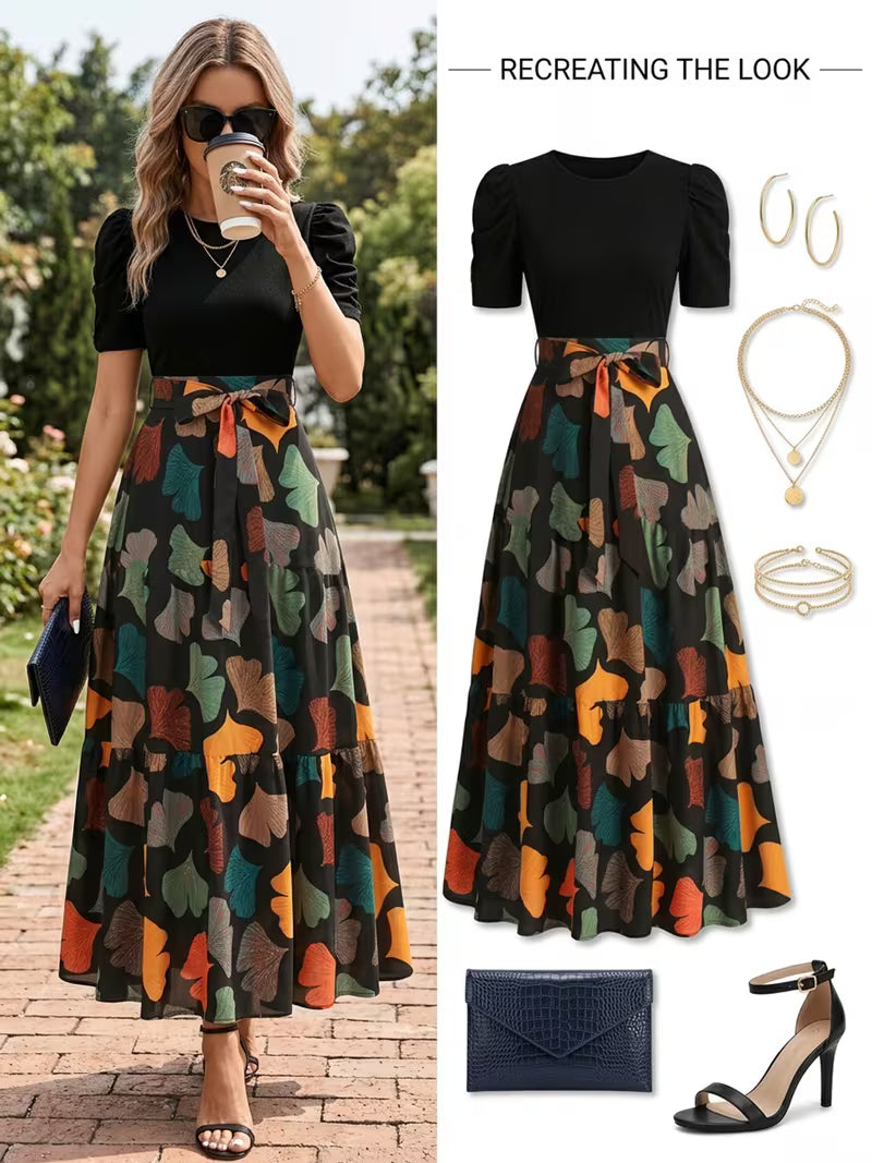 [Elegant Midi Dress] Elegant Women's Midi Dress with Geometric Print, Puff Sleeves, and Bow Detail - Suitable for Spring and Summer