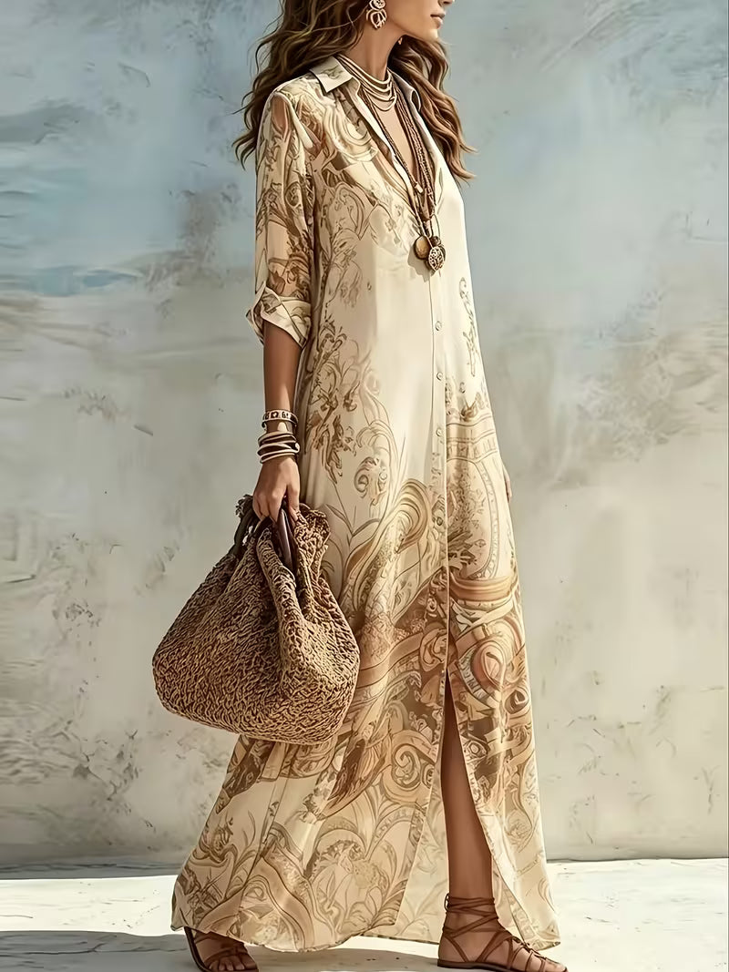 Women's New Bohemian Vintage Print Long Shirt Dress, Loose Lapel Three-Quarter Sleeve Cardigan Maxi Dress, Seaside Vacation Casual Beach Dress