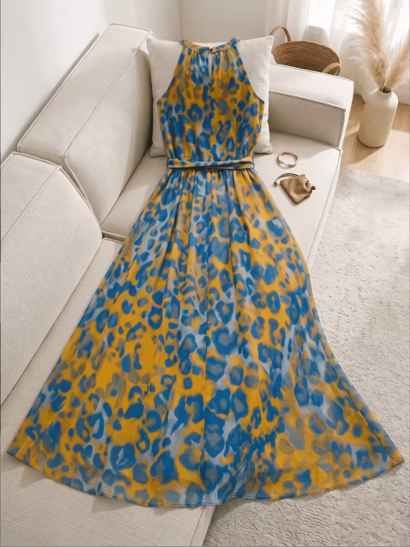 Women's Abstract Print Flowy Maxi Dress – Round Neck Halter Style with Waist Tie