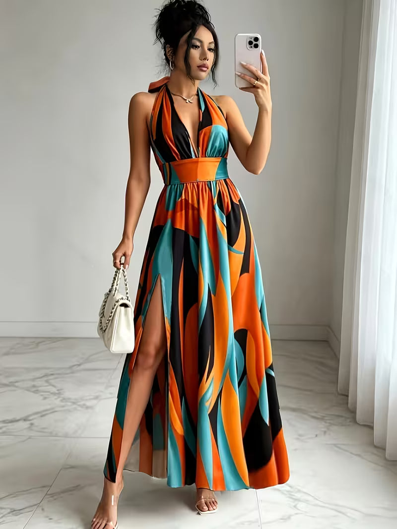 Women's French-Style Floral Maxi Dress – Elegant V-Neck Backless Spaghetti Strap A-Line Dress