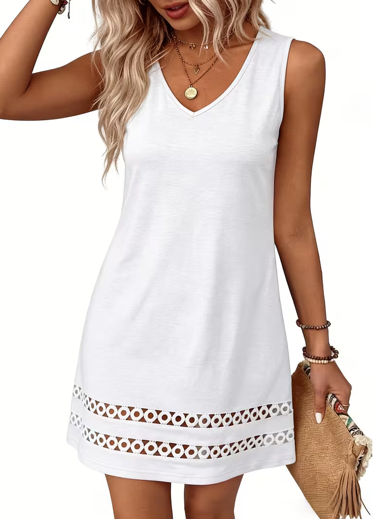 Women's Lace Patchwork Maxi Dress – V-Neck Sleeveless Elegant Beach Dress