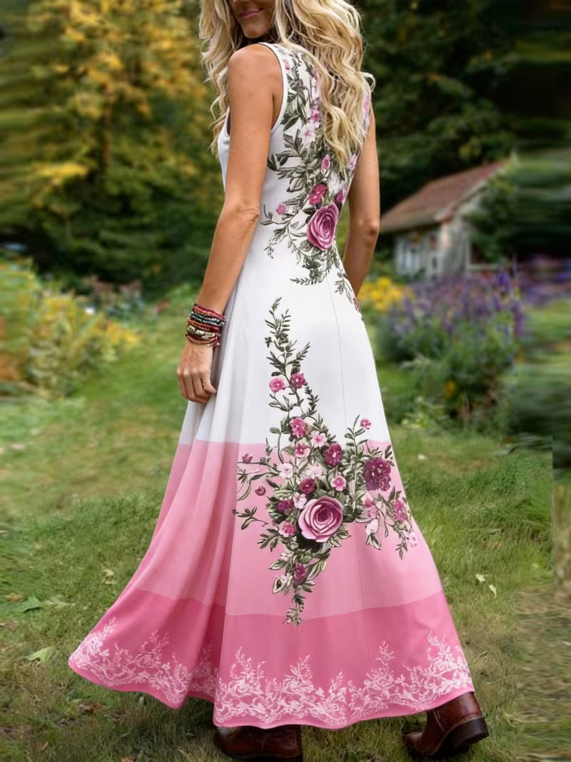 Women's Purple Lavender Floral Maxi Dress – Retro V-Neck Sleeveless Peplum Style