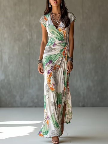 Women's V-Neck Cap Sleeve Printed Maxi Dress – Elegant Wrap Style with Side Slit