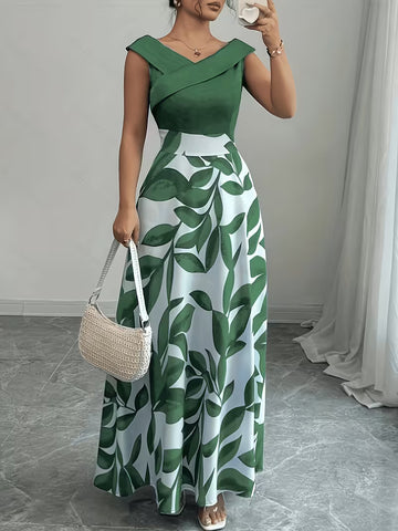 Women's Western-Style Color-Block Maxi Dress – Leaf Print Ruffled V-Neck Sleeveless Long Dress