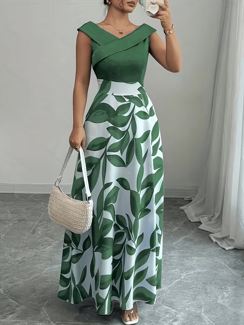 Women's Western-Style Color-Block Maxi Dress – Leaf Print Ruffled V-Neck Sleeveless Long Dress