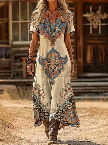 Women's Printed A-Line Dress – Elegant V-Neck Style for Parties and Everyday Wear