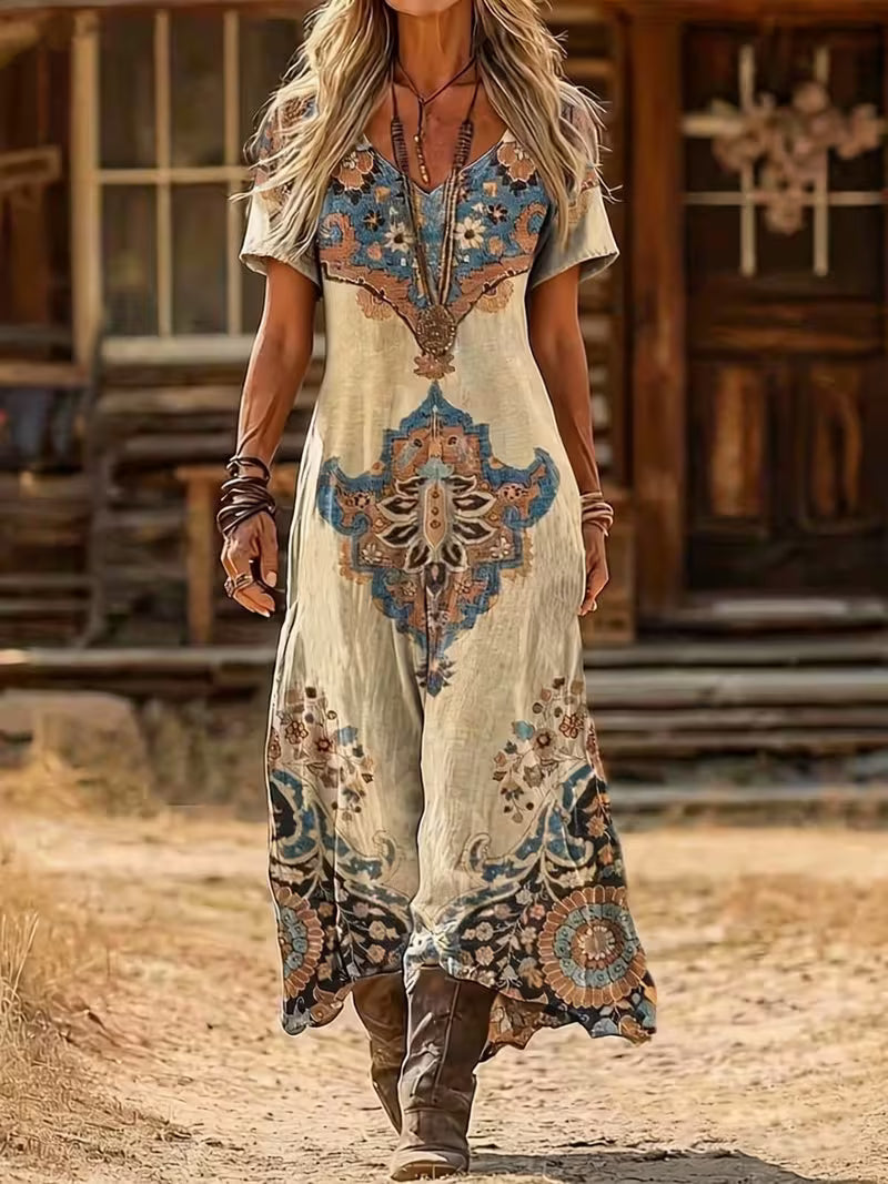 Women's Printed A-Line Dress – Elegant V-Neck Style for Parties and Everyday Wear