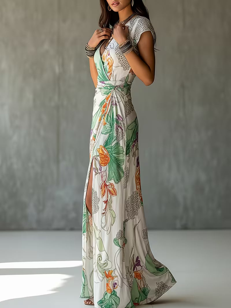 Women's V-Neck Cap Sleeve Printed Maxi Dress – Elegant Wrap Style with Side Slit