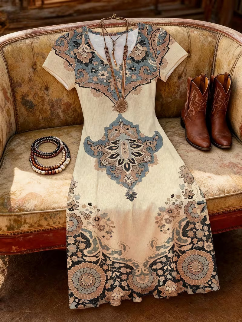 Women's Printed A-Line Dress – Elegant V-Neck Style for Parties and Everyday Wear