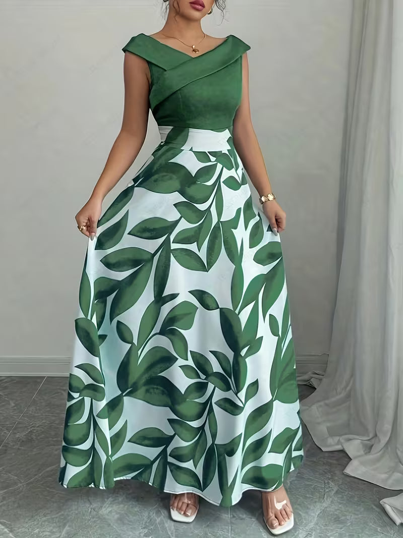 Women's Western-Style Color-Block Maxi Dress – Leaf Print Ruffled V-Neck Sleeveless Long Dress