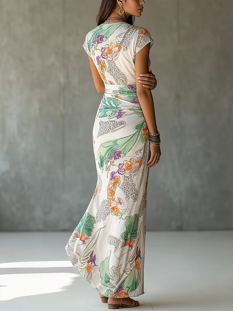 Women's V-Neck Cap Sleeve Printed Maxi Dress – Elegant Wrap Style with Side Slit