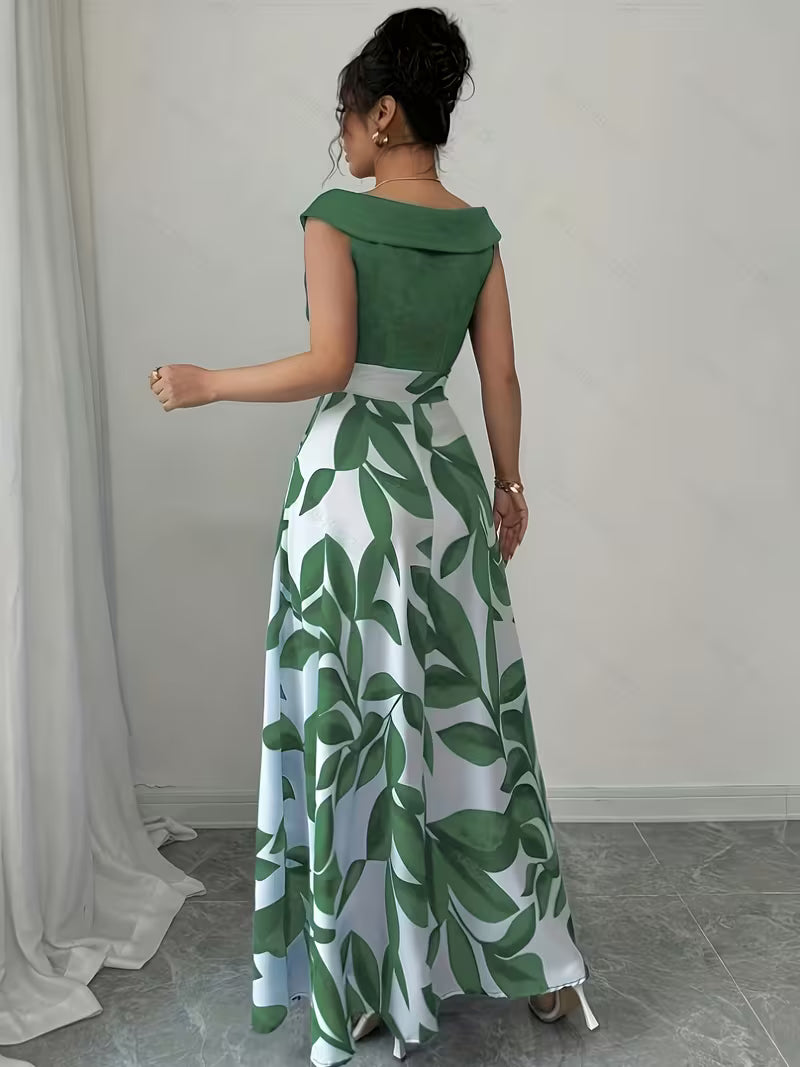 Women's Western-Style Color-Block Maxi Dress – Leaf Print Ruffled V-Neck Sleeveless Long Dress