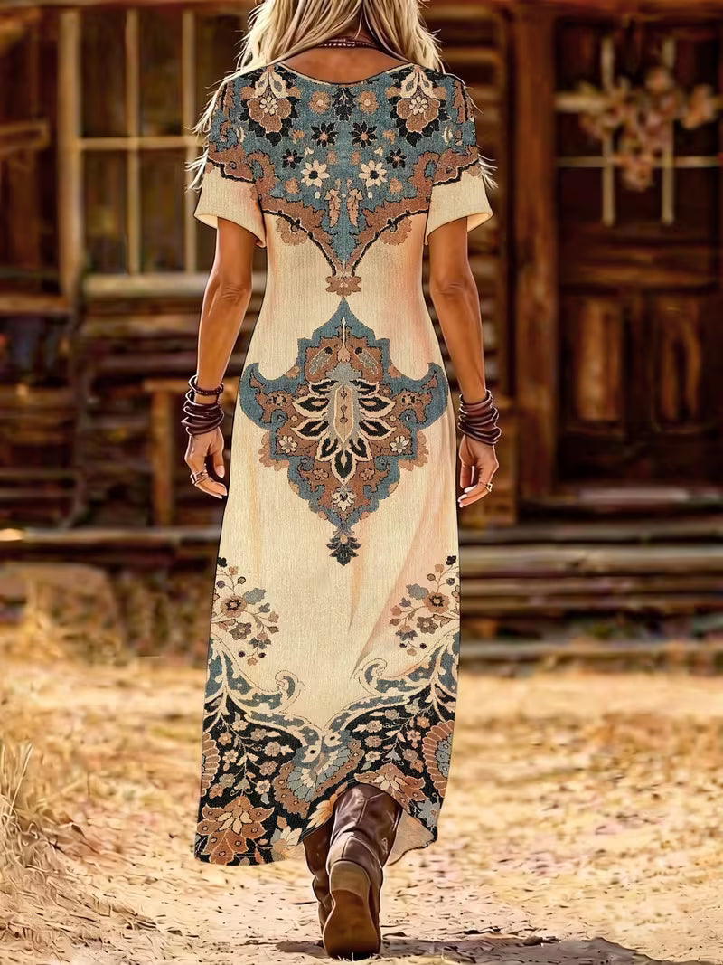 Women's Printed A-Line Dress – Elegant V-Neck Style for Parties and Everyday Wear