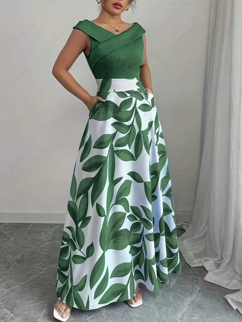 Women's Western-Style Color-Block Maxi Dress – Leaf Print Ruffled V-Neck Sleeveless Long Dress