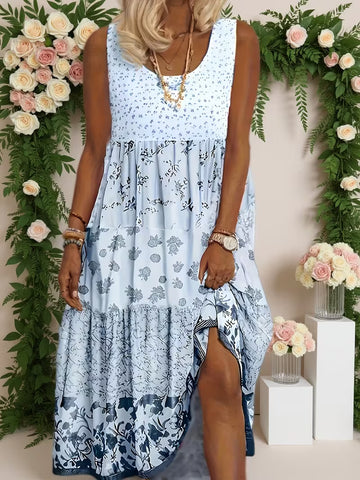Women'S Bohemian Style Dress, Women'S Clothing Color-Blocked Floral Print Round Neck Cover-Up Vest Dress