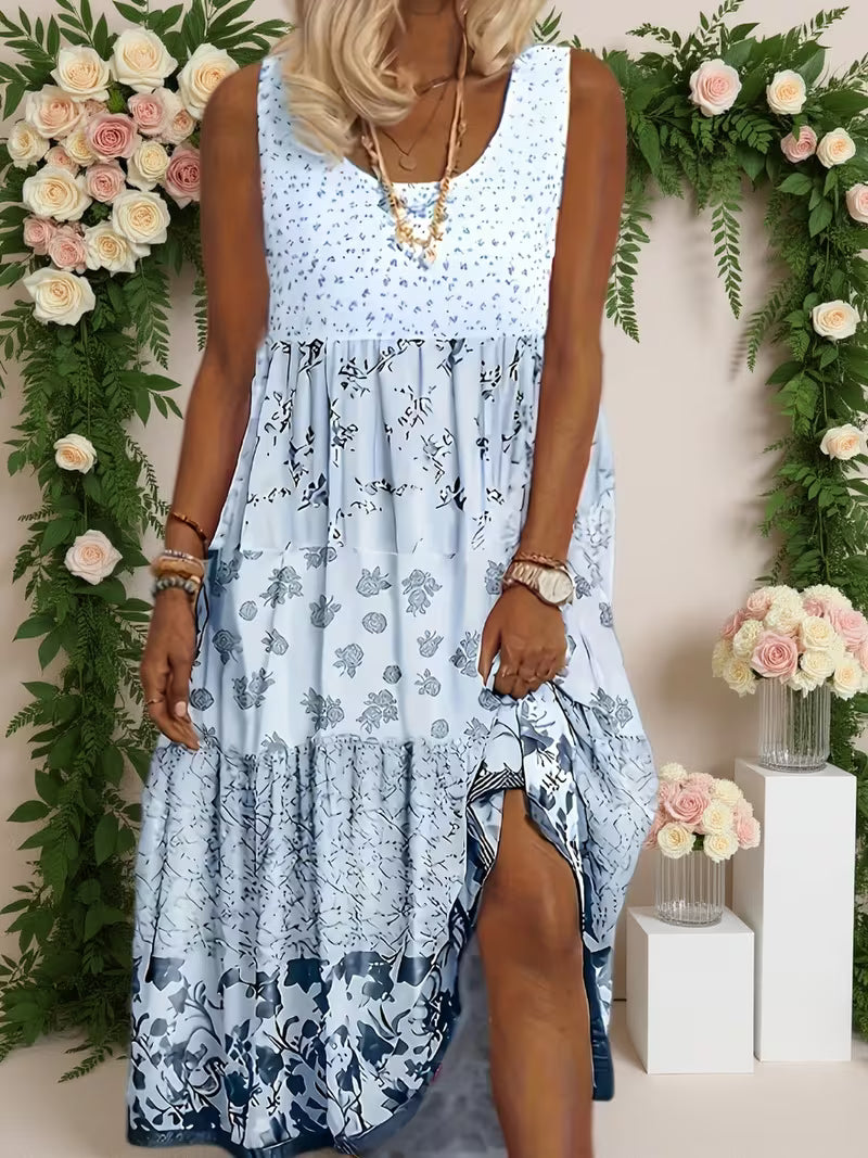 Women'S Bohemian Style Dress, Women'S Clothing Color-Blocked Floral Print Round Neck Cover-Up Vest Dress