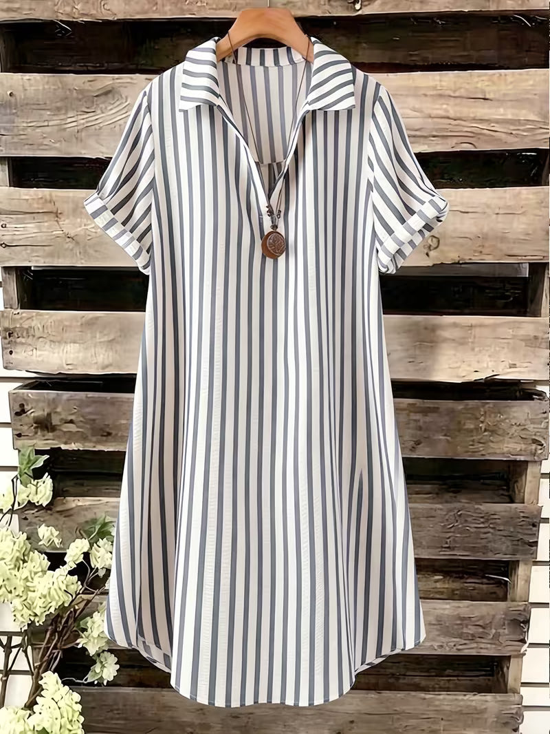 New V-Neck Striped Loose Casual Women'S Long Button Dress