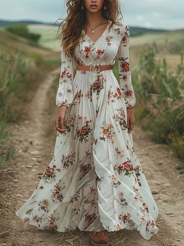 Women's Bohemian Printed Maxi Dress – V-Neck Long Sleeve Vintage Vacation Style