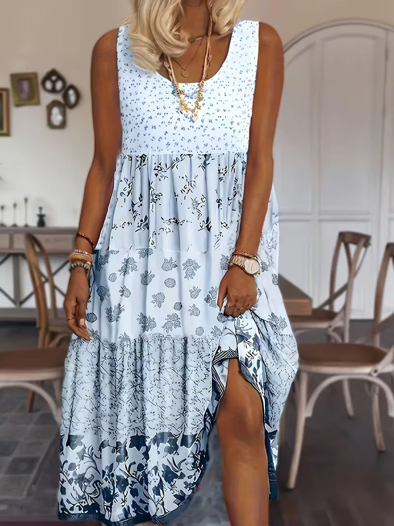 Women'S Bohemian Style Dress, Women'S Clothing Color-Blocked Floral Print Round Neck Cover-Up Vest Dress