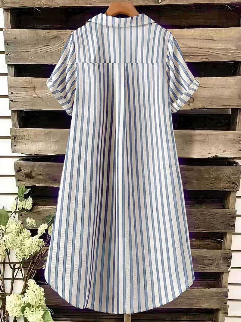 New V-Neck Striped Loose Casual Women'S Long Button Dress