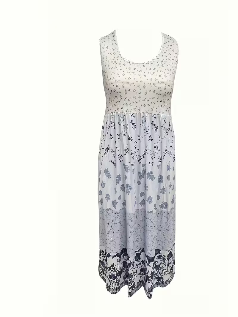 Women'S Bohemian Style Dress, Women'S Clothing Color-Blocked Floral Print Round Neck Cover-Up Vest Dress