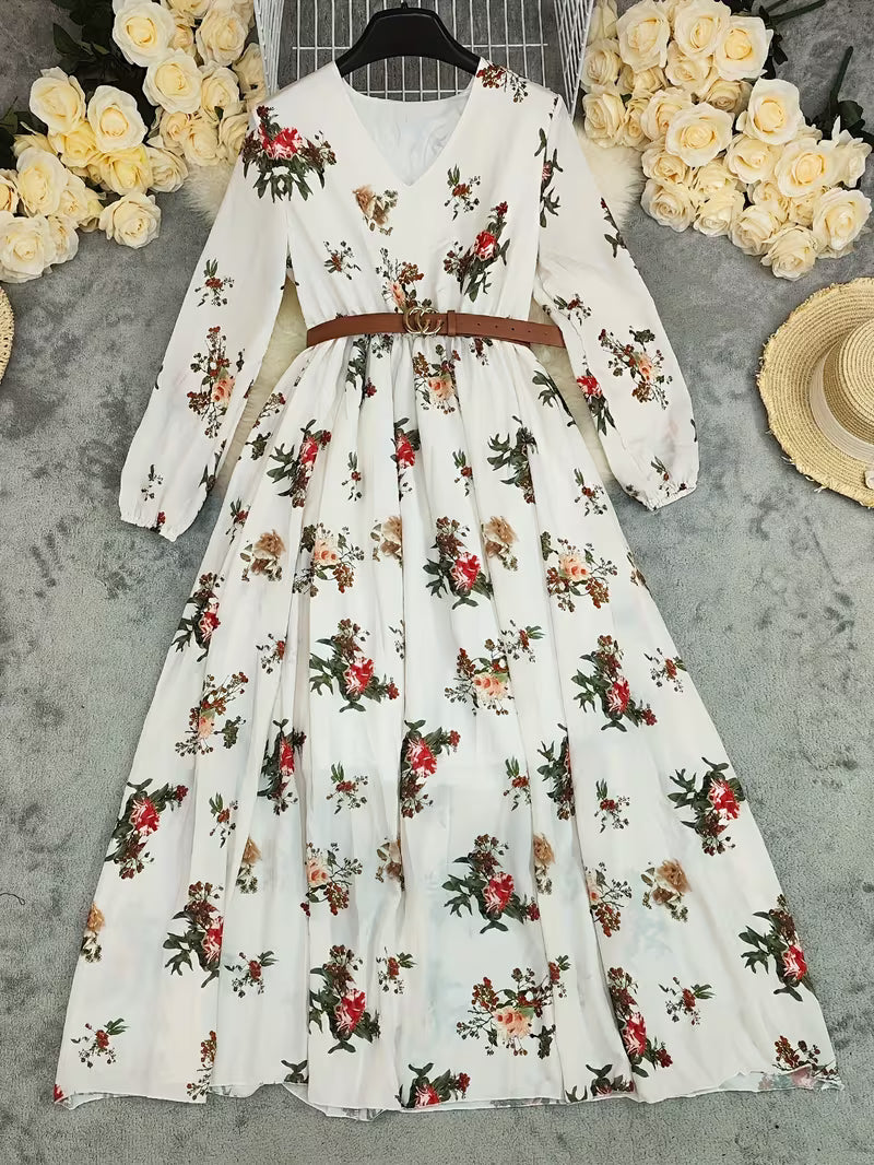 Women's Bohemian Printed Maxi Dress – V-Neck Long Sleeve Vintage Vacation Style
