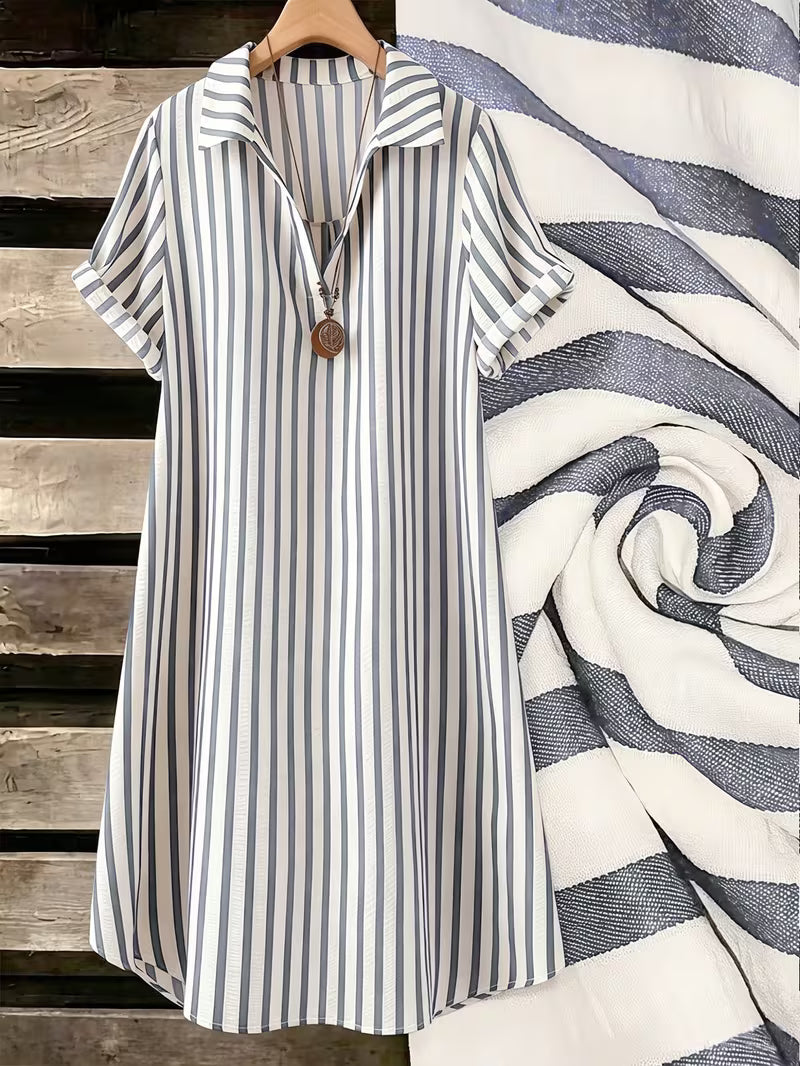 New V-Neck Striped Loose Casual Women'S Long Button Dress