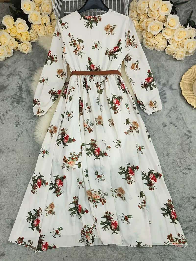 Women's Bohemian Printed Maxi Dress – V-Neck Long Sleeve Vintage Vacation Style