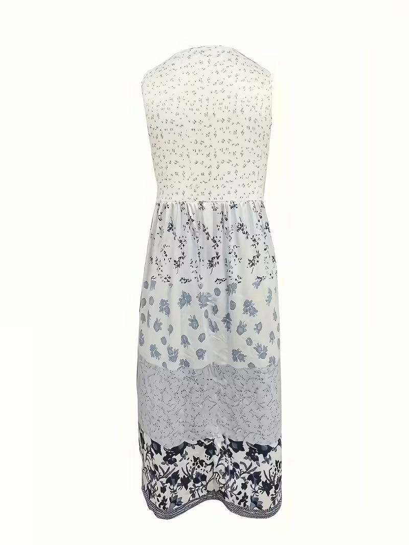 Women'S Bohemian Style Dress, Women'S Clothing Color-Blocked Floral Print Round Neck Cover-Up Vest Dress
