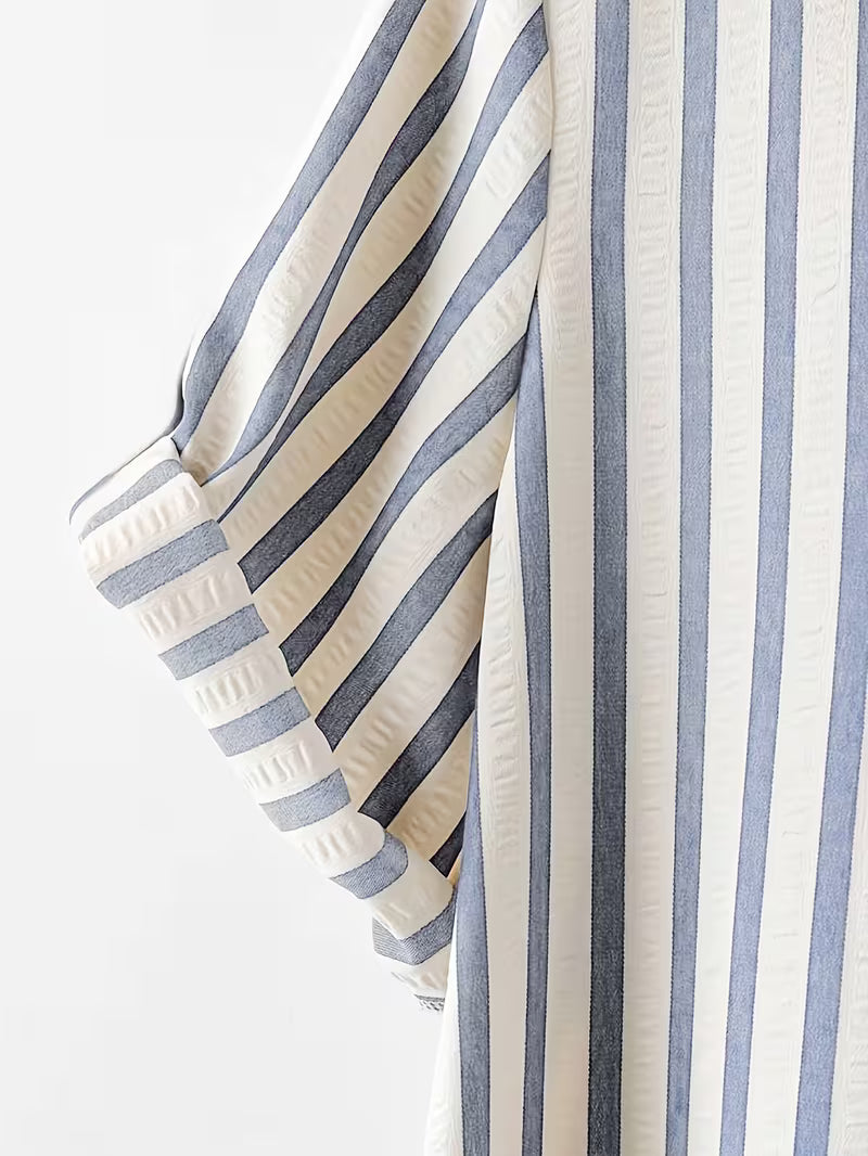 New V-Neck Striped Loose Casual Women'S Long Button Dress