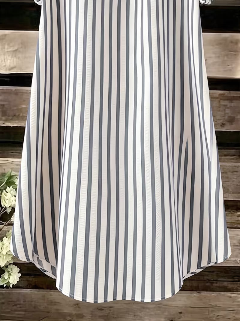 New V-Neck Striped Loose Casual Women'S Long Button Dress
