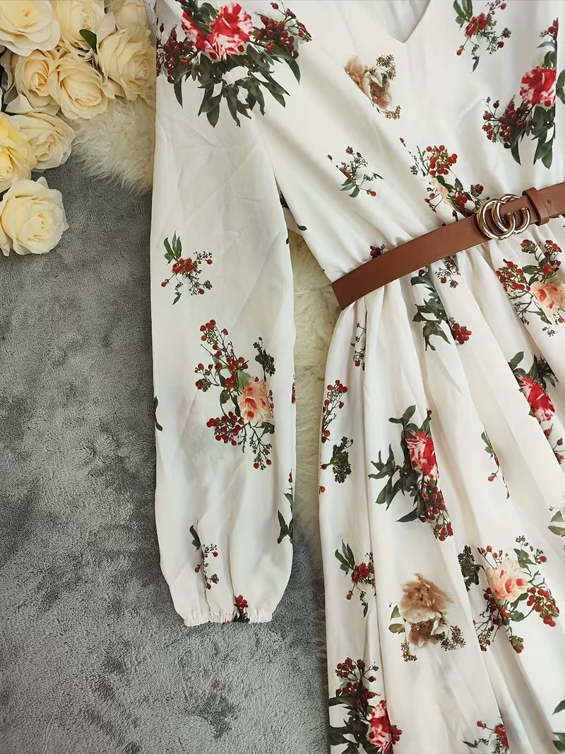 Women's Bohemian Printed Maxi Dress – V-Neck Long Sleeve Vintage Vacation Style