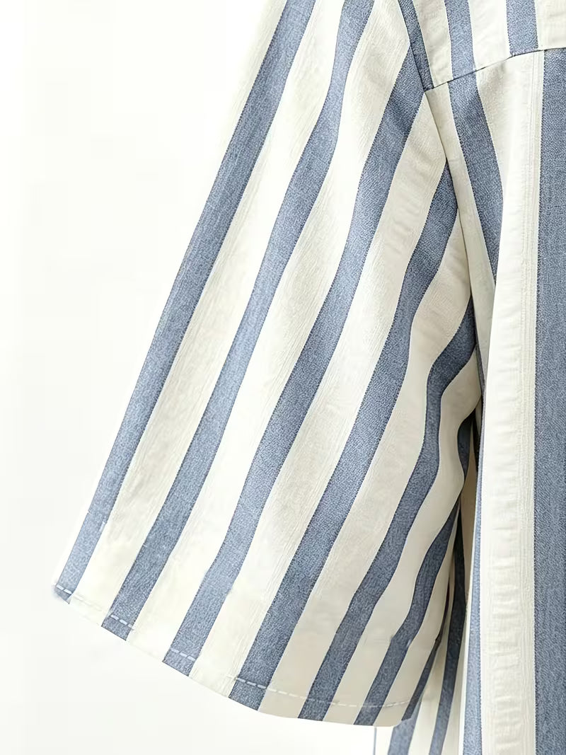 New V-Neck Striped Loose Casual Women'S Long Button Dress