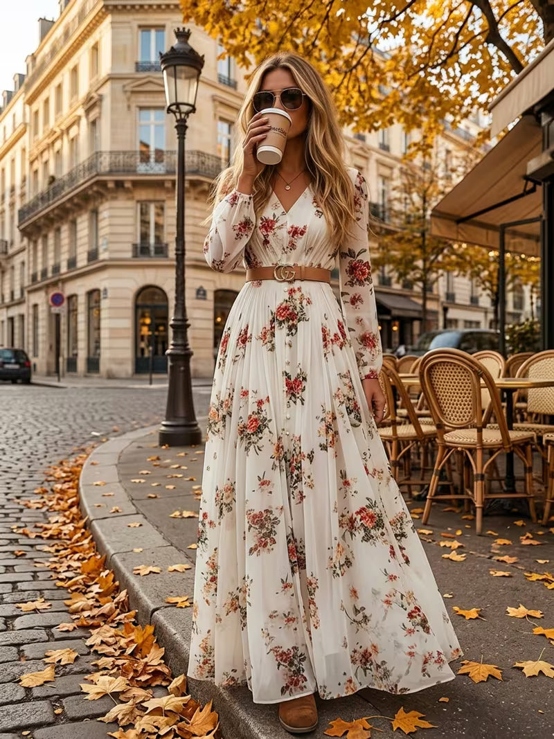 Women's Bohemian Printed Maxi Dress – V-Neck Long Sleeve Vintage Vacation Style