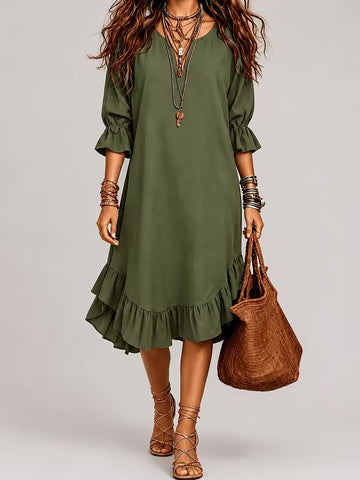Women's Army Green Midi Dress – V-Neck 3/4 Ruffle Sleeve Bohemian Style