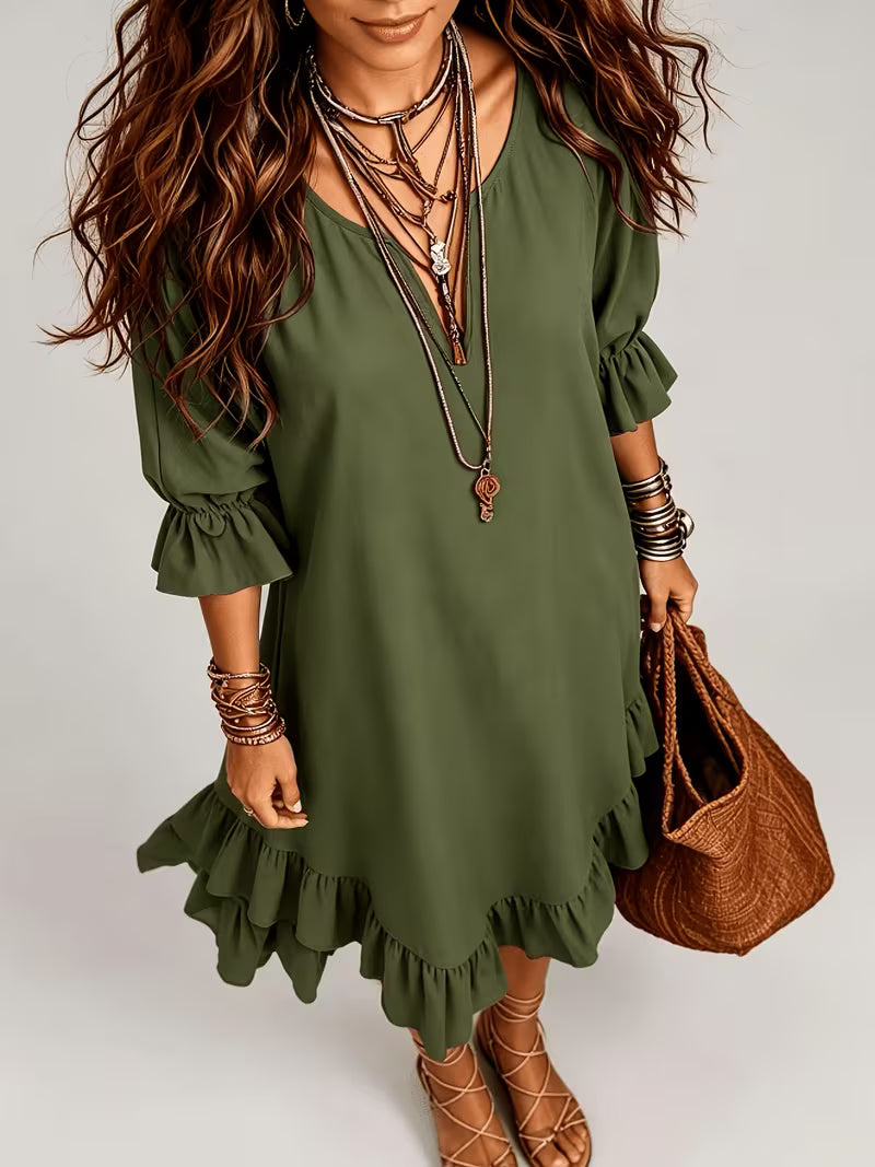 Women's Army Green Midi Dress – V-Neck 3/4 Ruffle Sleeve Bohemian Style