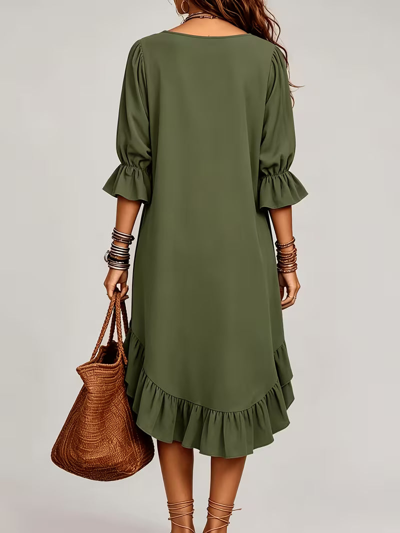 Women's Army Green Midi Dress – V-Neck 3/4 Ruffle Sleeve Bohemian Style