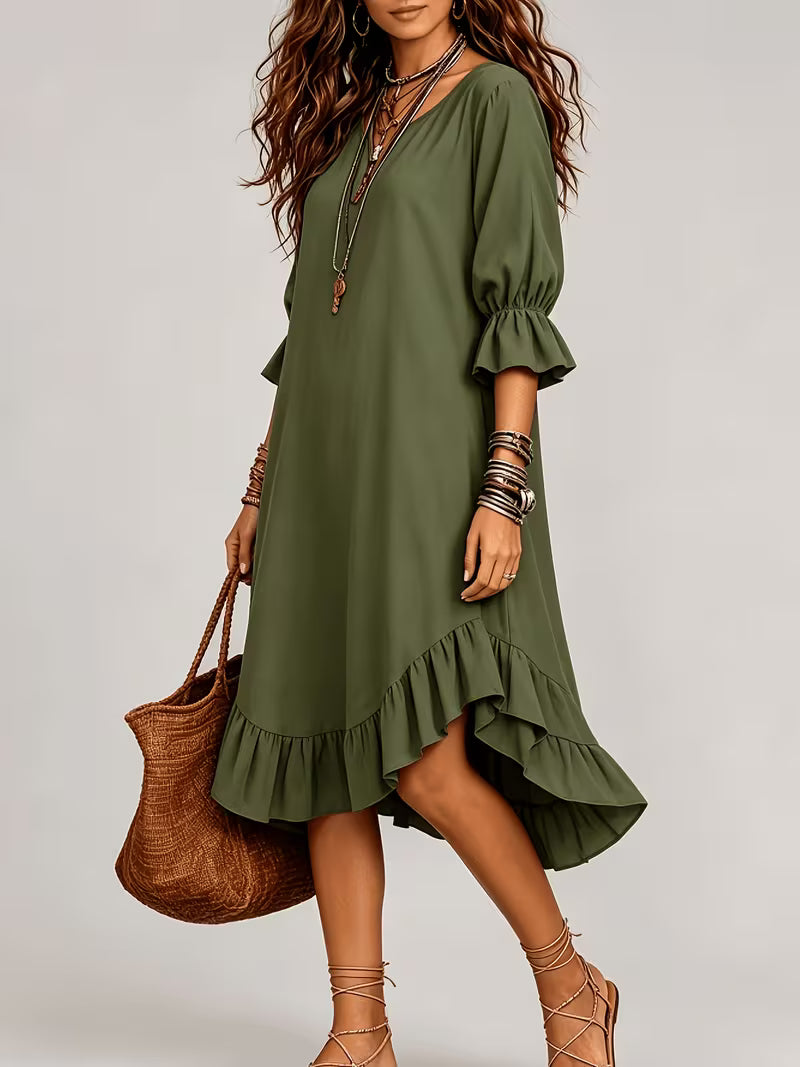 Women's Army Green Midi Dress – V-Neck 3/4 Ruffle Sleeve Bohemian Style