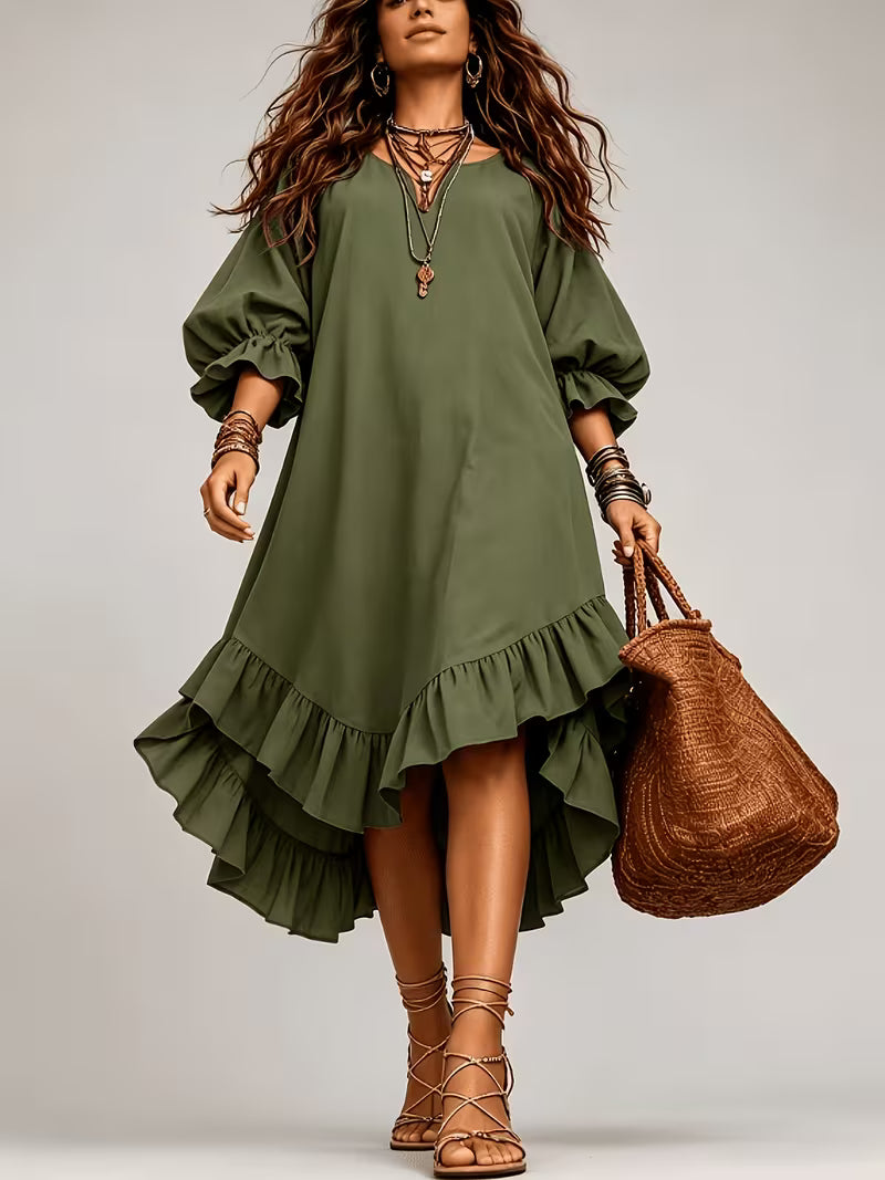 Women's Army Green Midi Dress – V-Neck 3/4 Ruffle Sleeve Bohemian Style
