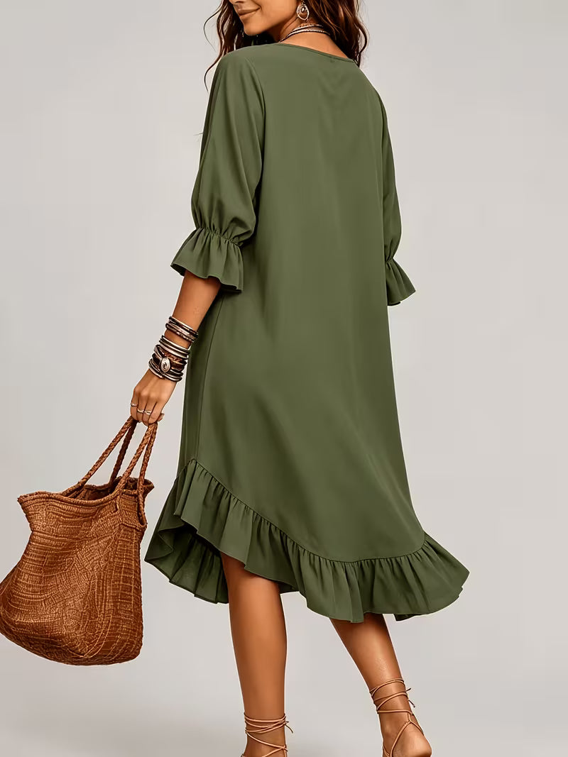Women's Army Green Midi Dress – V-Neck 3/4 Ruffle Sleeve Bohemian Style