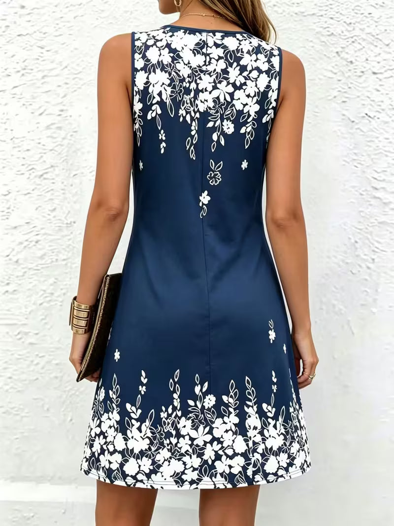 Floral Print Notched V-Neck Dress, Fashion Women's Dress