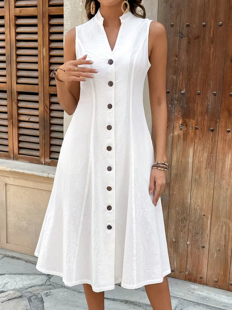 Women'S Solid Color Elegant Sleeveless V-Neck Single-Breasted Long Dress Long Skirt