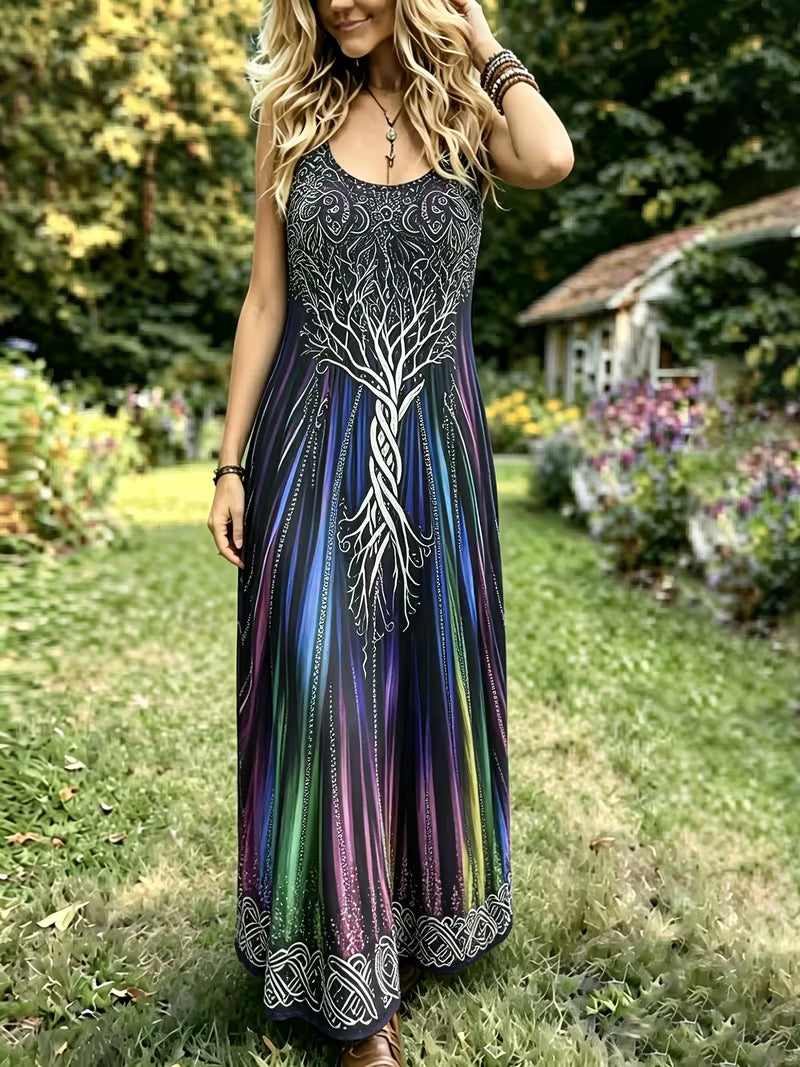 Plus Size - Women'S Plus Size New Spring And Summer Loose Versatile Suspender Dress Creative Pattern Totem Print, Round Neck Sleeveless Dress