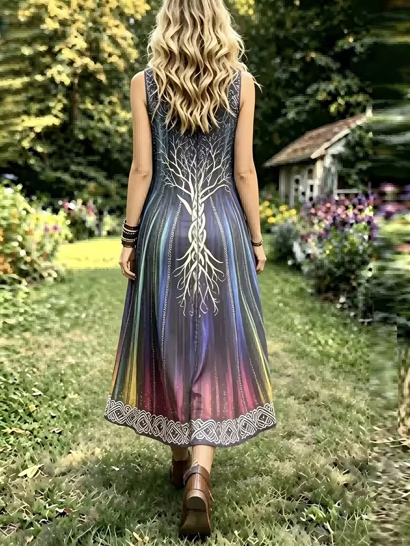 Plus Size - Women'S Plus Size New Spring And Summer Loose Versatile Suspender Dress Creative Pattern Totem Print, Round Neck Sleeveless Dress