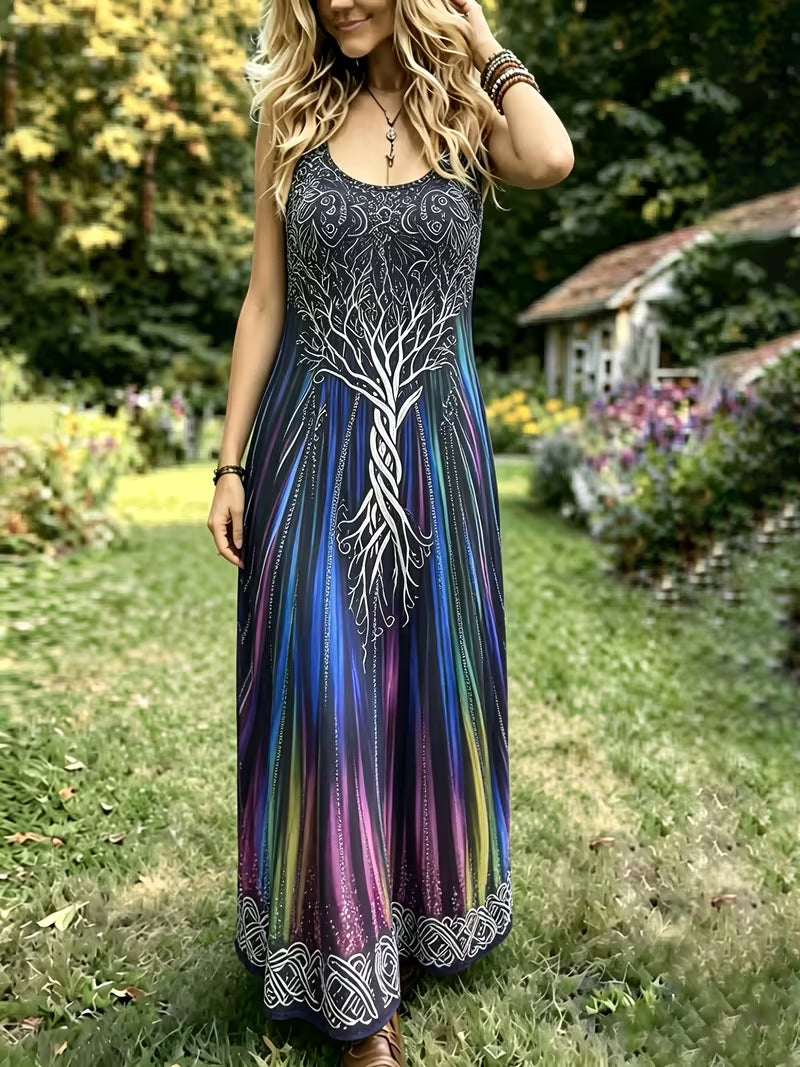 Plus Size - Women'S Plus Size New Spring And Summer Loose Versatile Suspender Dress Creative Pattern Totem Print, Round Neck Sleeveless Dress